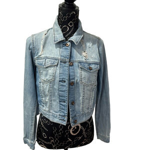 Forever 21 Distressed Crop‎ Denim Jacket Light Washed Size Medium